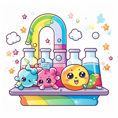kawaii japanese style rainbow science lab filled with bubbling test tubes, beakers, and a quirky scientist conducting experiments with funny results, Best quality, 8K, HD, white background, no background, sublimation file, png, 2d, Cute kawaii style, vect