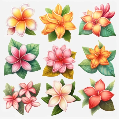 Colorful plumeria Clipart Set in the style of amanda clark - flowers, leaves, buds, tropical flowers clip art set