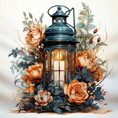hyperrealistic ultra detailed watercolor clipart, floral fantasy lantern with a candle lit, white background, in the style of digital print, clipart, illustration, sticker, ultra high definition, rich details, 32K, HD