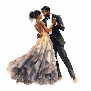 watercolor ultra-realistic and hyper-detailed clipart illustration on a white background of a beautiful bridal black couple dancing waltz, the black woman is wearing an elegant wedding dress with intricate details and the black man is wearing a suit