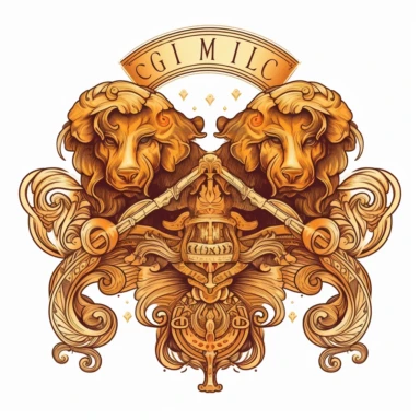 old style fire gemini zodiac, vector design illustration, in the style of detailed heavy metal embroidery, hand-painted details, Horoscope Clipart, isolated white background