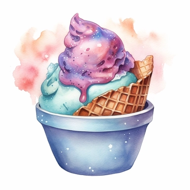 cosmic ice cream in a waffle cone bowl clipart, watercolor style, hyper realistic, detailed, white background