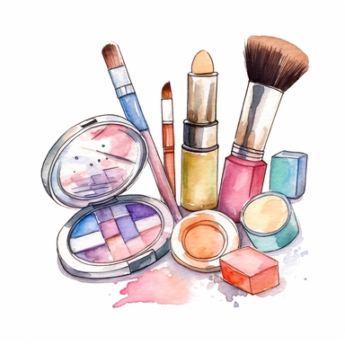 Beauty cosmetic watercolor clipart with soft colors on a white background, featuring a range of makeup items such as lipstick, eyeshadow palette, mascara, and makeup brushes, executed in a delicate watercolor style with pastel hues,