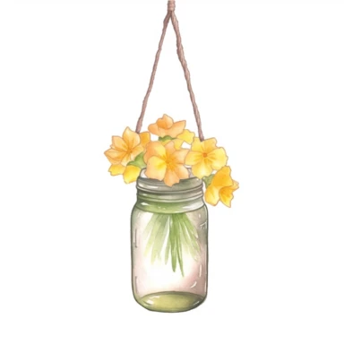 Design a dreamy watercolor clipart of japanese-inspired hanging mason jar with A bouquet of narcissus flowers symbolizing new beginnings composition, hand-painted with soft and graceful brushstrokes. Draw inspiration from the artistic finesse of Ethereal Petals Watercolors for a refined and ethereal depiction. isolated on a white background, hand-drawn illustration, hand-painted watercolor texture, 16k UHD resolution, intricately detailed, sharp focal points, designed by Ana Victoria Calderon an