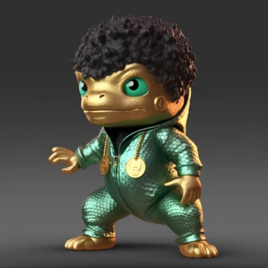 baby Godzilla, looks like Michael Jackson, doing dance steps, wearing a miami heat basketball jersey, wearing a gold pendant with a gold bitcoin on it, wearing hip hop style black satin pants and a green iridescent silk shirt, techno lighting, clipart on plain background