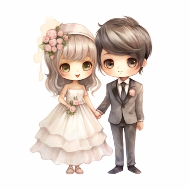 full body Little bride and groom, Watercolor Clipart, strybk, full Illustration, 4k, sharp focus, watercolor, smooth soft skin, symmetrical, soft lighting, detailed face, concept art, muted colors, watercolor style, strybk, children's style fairy tales, chibi kawaii, . Octane rendering, 3d. Perfect face, detailed face, delicate face, perfect sharp lips, detailed eyes. Craig Davison, Aubrey Beardsley, Conrad Roset, Aikut Aidogdu, Agnes Cecil, watercolor style