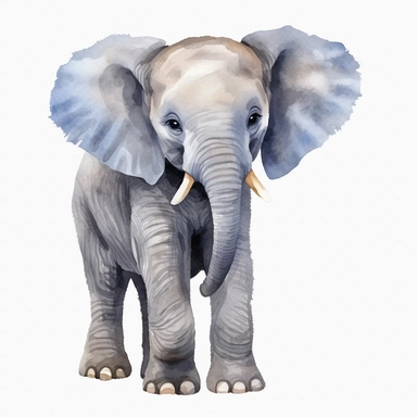 a baby female grey African elephant with a blue bow on head, stood sideways to the camera looking right, watercolour painting blank transparent background png clipart