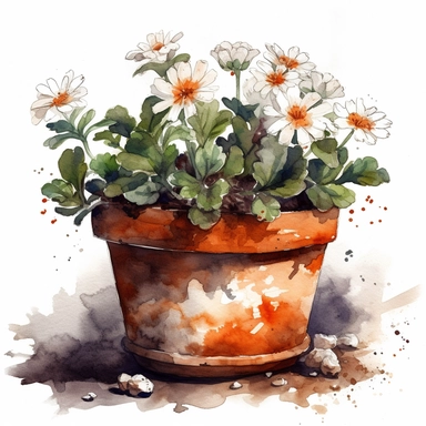 Create a beautiful watercolor clipart vignette of a rustic white flowering Mediterannean teracotta potted plant. The composition should be set against an isolated white background, with a bright and airy feel. Focus on capturing intricate details such as the delicate plant details. Use a loose and fluid watercolor technique to create a sense of movement and lightness. Experiment with the use of negative space to create a sense of depth and perspective. Consider adding small splatters or smudges 