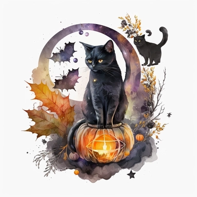 Watercolor black witch cat Halloween clipart, pumpkin, autumn season, Watercolor Sublimation design, white background