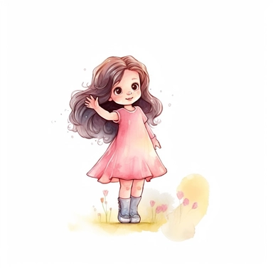 A little girl is waving goodbye to her friend，Dandelions garden, children's book illistion style,watercolor clipart,AR 16:9, multiple pose and expressions,