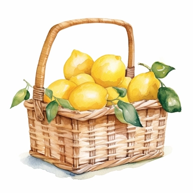 lemons in a picnic basket watercolour painting clipart, white background, no text