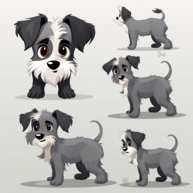 Cartoon character sheet, mutt mixed puppy terrier, dark gray and white fur, cute, funny, clipart style, vector style, character by Cory Loftis, white background v4 ar2: 3