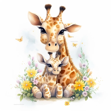 Cute floral illustration, realistic adorable baby Giraffe hugging his mom happy clipart, nursery style clipart, Nursery Animals Art, Kids Wall Art, Kids Room Decor, Baby Room Decor, isolated on white, ultra - detailed, high quality, ghibli style, award winning
