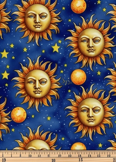 a fabric with suns and stars on it, in the style of blue and amber, ruth sanderson, distinctive noses, andrea mantegna, celestialpunk, spacecore, celestial, white background, clipart