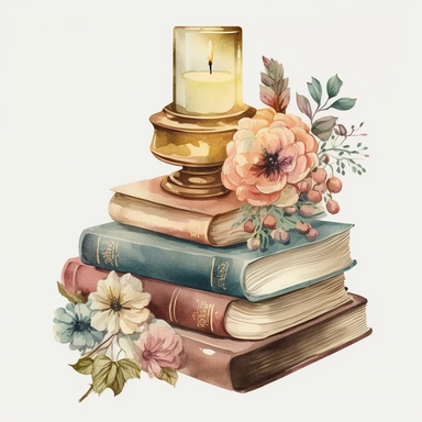 watercolor pile of vintage books with flowers and candle on vintage candle holder, soft colors clipart, solid white background, high definition, 8k