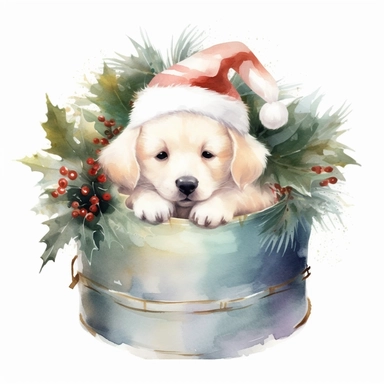 Adorable white happy puppy with a Christmas hat, nestled inside luxury decorated Christmas basket, ornamental watercolor clipart