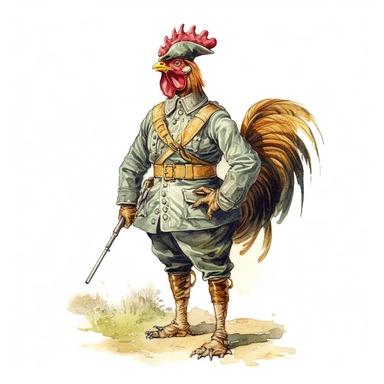 vintage watercolor illustration of cute cartoon rooster soldier, standing, wearing clothes, clipart, full-body shot