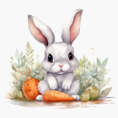 Watercolor: cute baby big eye rabbit happy cubby white bunny surrounded by carrots. png Full body realistic cartoon 32k UHD cute. 15cm thick outline. Black color. No shadow on the ground. with illustrations realistic water color and detailed illustrations. Cartoon, PNG clipart, transparent white background