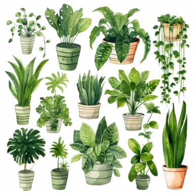 Watercolor House Plants Clipart. Indoor Plants Elements. Monstera, Cactus Illustration. Boho Home Decor Clipart. Home green garden. Plants in pots