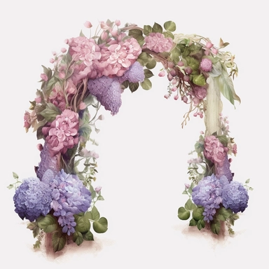 Panoramic view, full view, floral arch swag of small roses, small purple hydrangea, small peony and baby's breath, greenery, photo realistic, high detail, sharp focus, 8k, fantasy, romantic, ethereal, illustration clipart style, transparent background, (--iw 5)