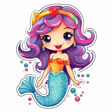 cute cartoon colourful mermaid clipart,stiker, white background,--no cut off edges