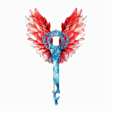 fantasy unique key with wings watercolor clipart, red and blue, make behind the key creative, white background