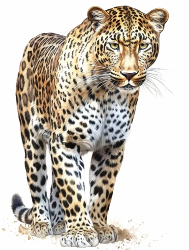 african leopard , full body, front face, clipart, isolated on white background, watercolor drawing, photo-realistic techniques