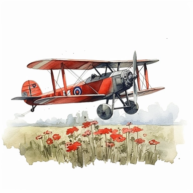 watercolour, biplane flying over poppy field, detailed, clipart, white background
