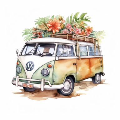 vw bus travel beach hauling flowers watercolor clip art white background