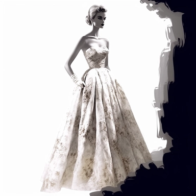 1960s woman standing in beautiful dress, christian dior high fashion, clip art, black and white, illustration, watercolor,, detailed painting, very high quality, hd, spaced out ar 3:2