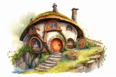 hillside hobbit home, watercolor clipart