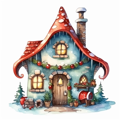 Cute Christmas elf house watercolor clipart