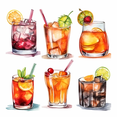 Alcohol cocktail collection. Watercolor illustration. Drinks clipart