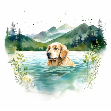 Golden Retriever swimming in a sparkling lake, surrounded by lush green mountains, white background, watercolor clipart.