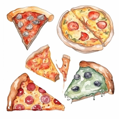 Outlined watercolor illustration, cheese pizza, clipart set, white background with margins, 8k