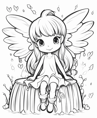 Waterfall Fairy with wings with cascading water, Kawaii for a childrens book, cartoon style, thick lines, black and white, no shading, line drawing illustration, no kid faces, no duplicate faces, blurry, drawing, cartoon, illustration, painting, concept art, cgi, unreal, anime, black&white, b&w, picture frame, deformed, bad anatomy, disfigured, poorly drawn face, mutation, mutated, extra limb, poorly drawn hands, done by bad-artist, ugly, dazed, 3D render, 3D game, 3D game scene, 3D character, m