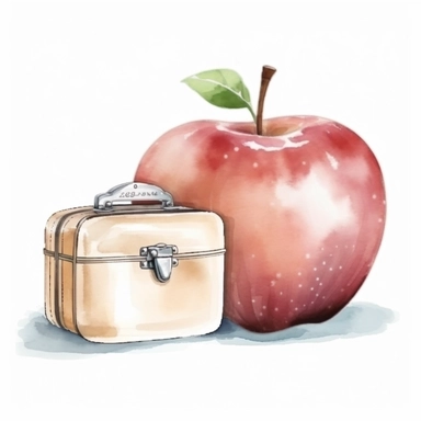 feminine watercolor line artwork clipart illustration of a school apple in front of a lunchbox in neutral realistic colors, isolated on a white background, spaced out, 4k, hyper realistic