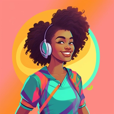 cheerful, vibrant cartoon illustration of a confident black woman with natural hair, wearing stylish clothing and accessories, against a colorful backdrop, high-quality, clip art, joyful, empowering, positive vibes--ar 1:1