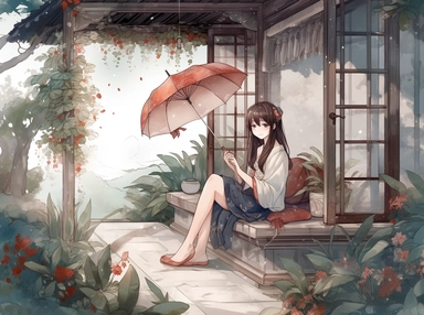watercolor clipart person japanese girl sitting on the front porch with leafy landscape, in the style of nightcore, western zhou dynasty, nene thomas, i can't believe how beautiful this is, cranberrycore, happenings, japanese traditional