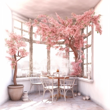 Commercial shot of illumination of realistic boho pastel pink french cozy cafe interior corner clipart, cute plants, spring sakura petals french cafe, with plants plants, high quality, intricate design, art nouveau style clipart witchcore dreamcore cottagecore white background no text, isolated on white, ghibli style, award winning