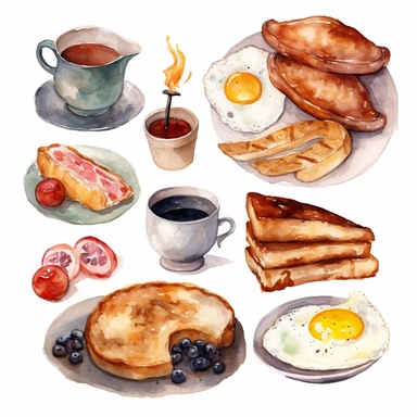 English breakfast food elements, watercolor, clipart, minimalist, isolated white background, 8k