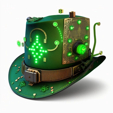 saint patrick day clipart A cyberpunk-style leprechaun hat with glowing circuitry and green LEDs on a white background