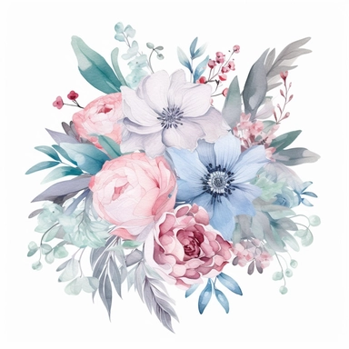 minimalistic and filigree watercolor clipart of a beautiful Dreamy soft pink and light blue flower arrangement for wedding cards, white background, seperated