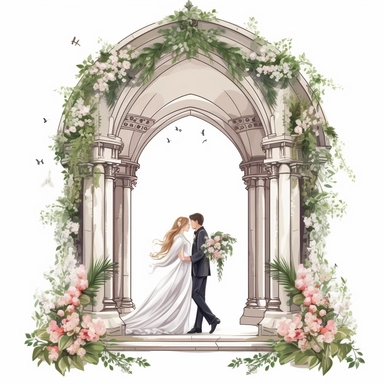 illustration clipart of wedding party, bride and groom, chapel, floral arch, high details, ultra realistic, 8k, white background,
