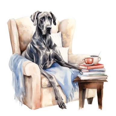 Great Dane lounging on a cozy oversized chair, surrounded by books and a warm cup of tea, showcasing its calm and gentle demeanor, white background, watercolor clipart.
