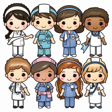 kawaii a line of adorable nurses, all genders and races, clip art