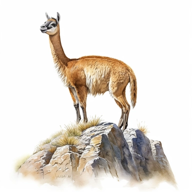 south american Guanaco climbing a rock, clipart, white background, realistic painting