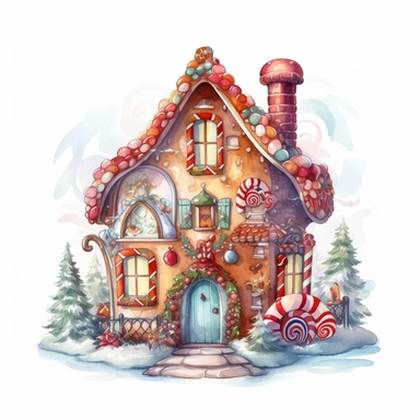 watercolor beautiful vintage Christmas gingerbread house candy house with icing fantasy clipart, whimsical, detailed watercolor style, on white background