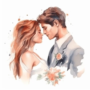 Very cute wedding illustrations clipart , newlyweds, on a white background , watercolors, husband and wife on their wedding day , love