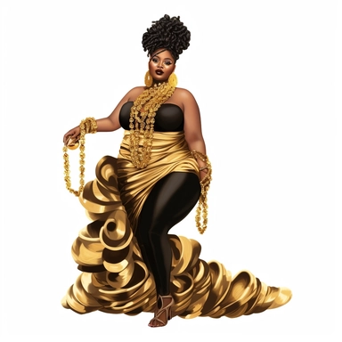 ??????socialite black woman bods, plus size, long massive braids, full glam, fashion icon, dripping gold rush, talented and good vibes, dressy pant and couture frilly flow top, clipart, white background